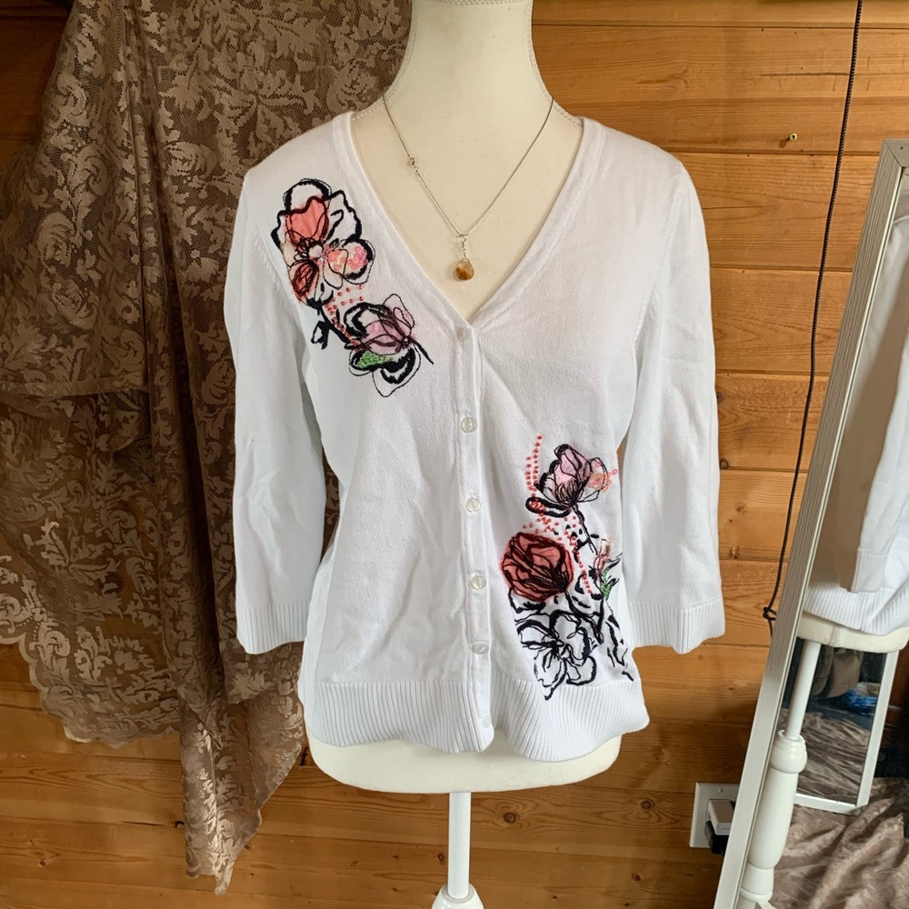 White Floral Embroidered Button Down Cardigan Sweater Women